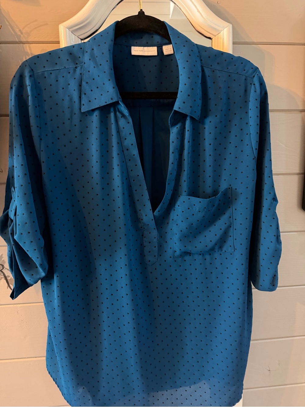 New York & Company Teal Blue Dot Split-Neck Blouse - Picture 5 of 10